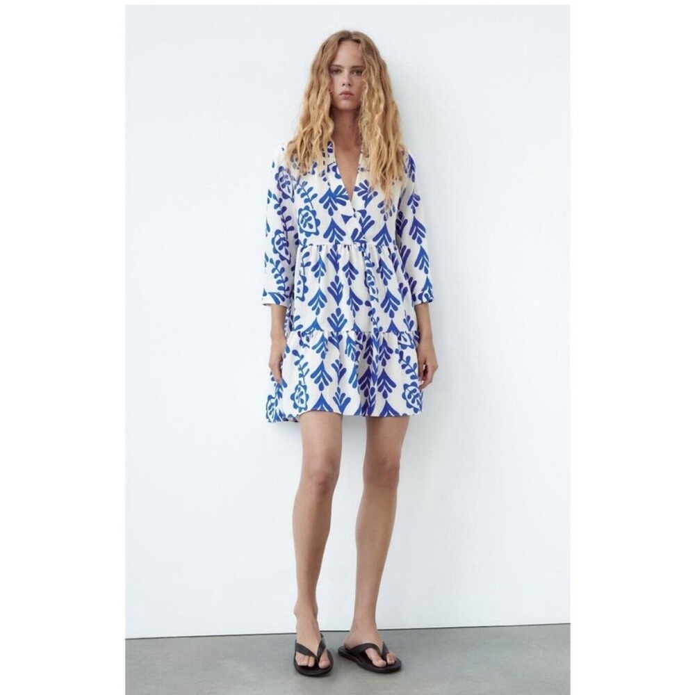 Zara Printed Short Dress Ecru Santorini Size Medium